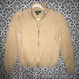 Lauren Ralph Lauren Beige Military Shoulder Zip Cardigan Women's Large